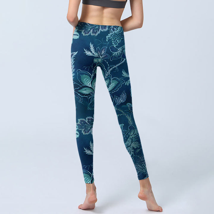 Leggings de sport et de fitness à imprimé fleurs bleues et Buddha Stones Pantalon de yoga pour femme - image 7