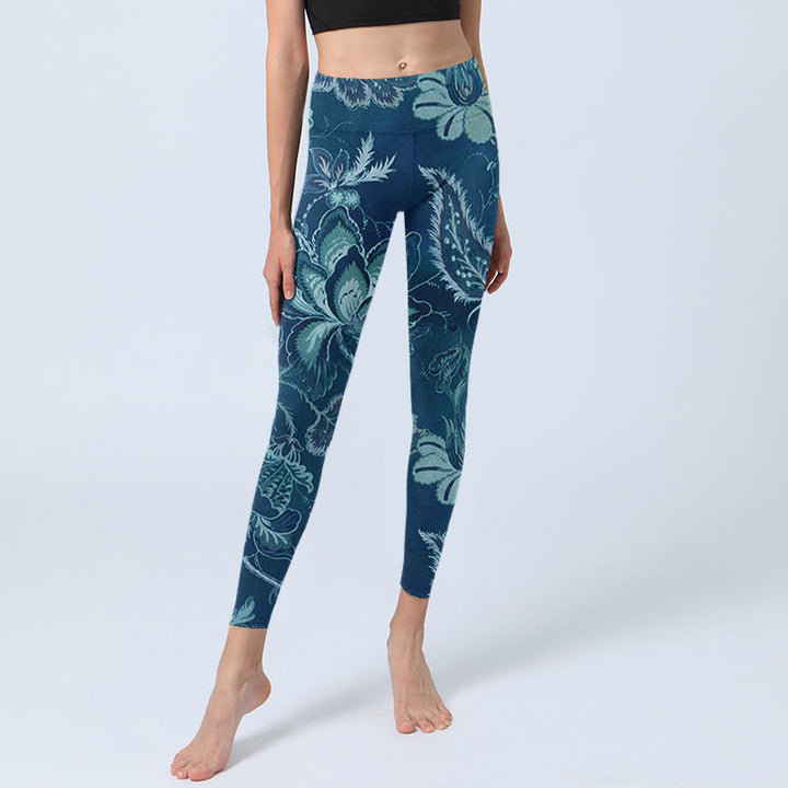 Leggings de sport et de fitness à imprimé fleurs bleues et Buddha Stones Pantalon de yoga pour femme - image 6