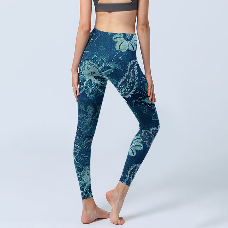 Leggings de sport et de fitness à imprimé fleurs bleues et Buddha Stones Pantalon de yoga pour femme - image 4