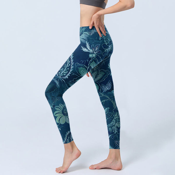 Leggings de sport et de fitness à imprimé fleurs bleues et Buddha Stones Pantalon de yoga pour femme - image 3