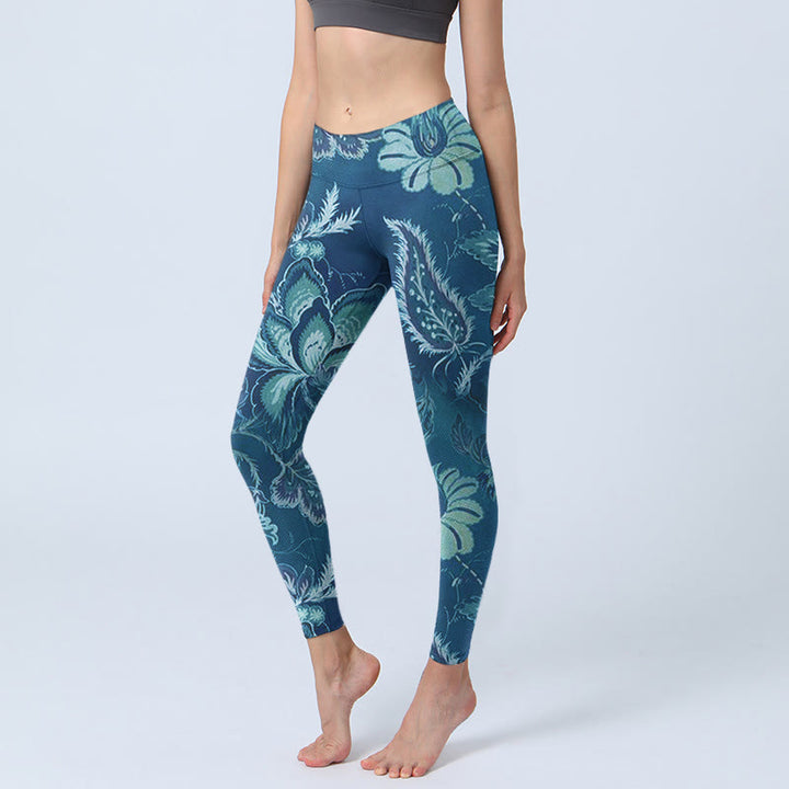 Leggings de sport et de fitness à imprimé fleurs bleues et Buddha Stones Pantalon de yoga pour femme - Bleu acier - US18，UK/AU22，EU50 (4XL) - image 1