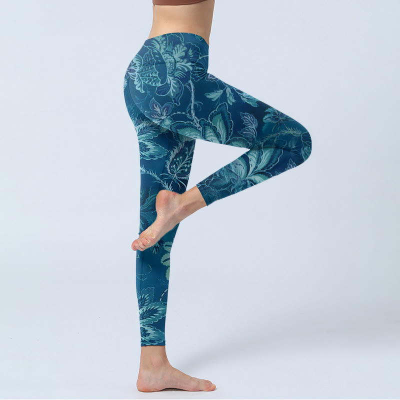 Leggings de sport et de fitness à imprimé fleurs bleues et Buddha Stones Pantalon de yoga pour femme - image 4