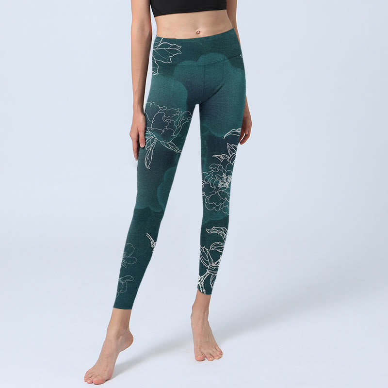 Leggings de fitness et de gym à imprimé Buddha Stones et fleur de pivoine et papillon pour femme - image 6
