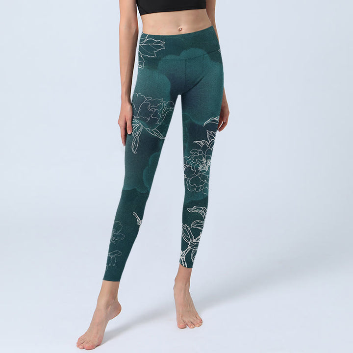 Leggings de fitness et de gym à imprimé Buddha Stones et fleur de pivoine et papillon pour femme - image 6