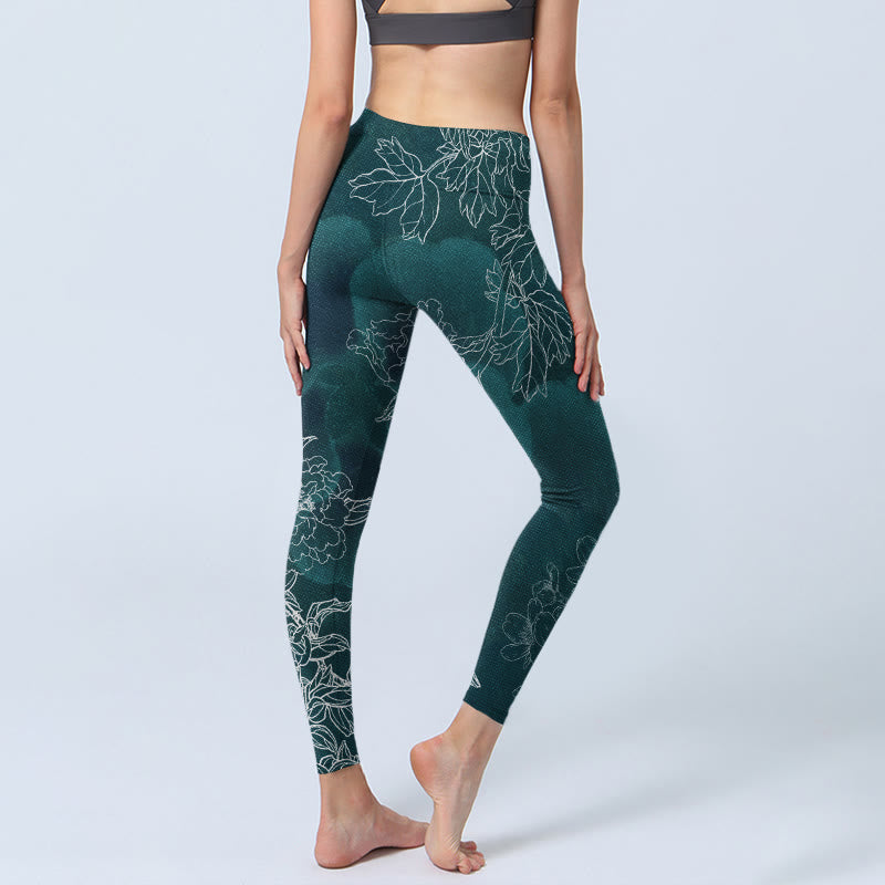 Leggings de fitness et de gym à imprimé Buddha Stones et fleur de pivoine et papillon pour femme - image 4
