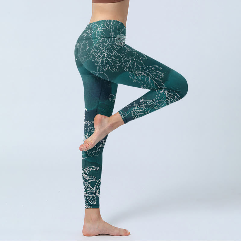 Leggings de fitness et de gym à imprimé Buddha Stones et fleur de pivoine et papillon pour femme - image 4