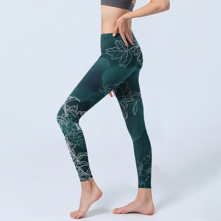 Leggings de fitness et de gym à imprimé Buddha Stones et fleur de pivoine et papillon pour femme - image 3