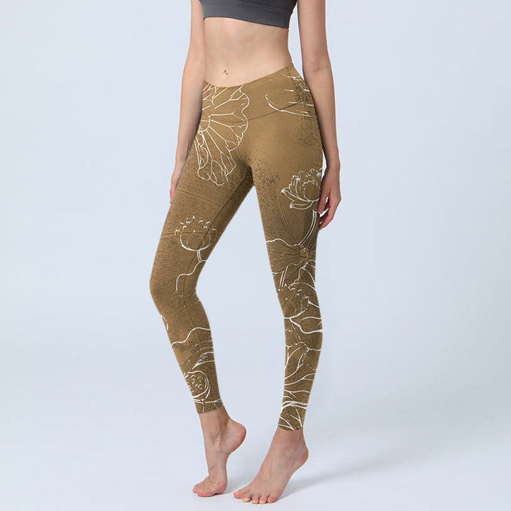 Leggings de fitness et de gym pour femme Buddha Stones , verge d'or, fleurs de lotus et feuilles - Verge d'or - US18，UK/AU22，EU50 (4XL) - image 1