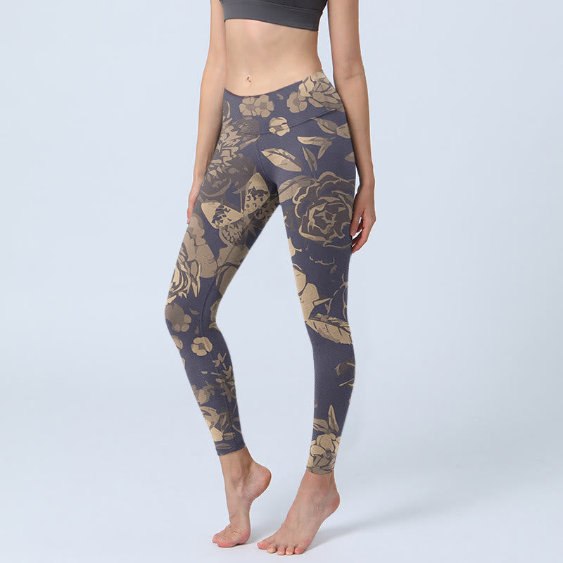 Leggings de fitness et de gym à imprimé Buddha Stones Pivoine Fleurs Feuilles Pantalons de yoga pour femmes - Chardon - US18，UK/AU22，EU50 (4XL) - image 0