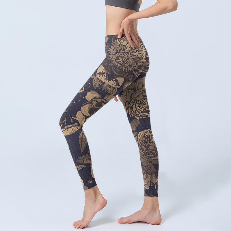 Leggings de fitness et de gym à imprimé Buddha Stones Pivoine Fleurs Feuilles Pantalons de yoga pour femmes - image 3