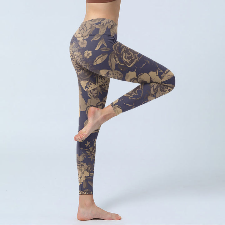 Leggings de fitness et de gym à imprimé Buddha Stones Pivoine Fleurs Feuilles Pantalons de yoga pour femmes - image 3