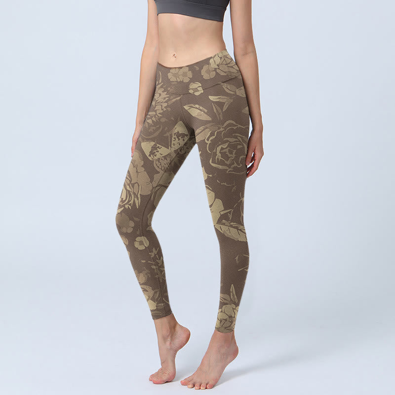 Leggings de fitness et de gym à imprimé Buddha Stones Pivoine Fleurs Feuilles Pantalons de yoga pour femmes - Kaki foncé - US18，UK/AU22，EU50 (4XL) - image 10
