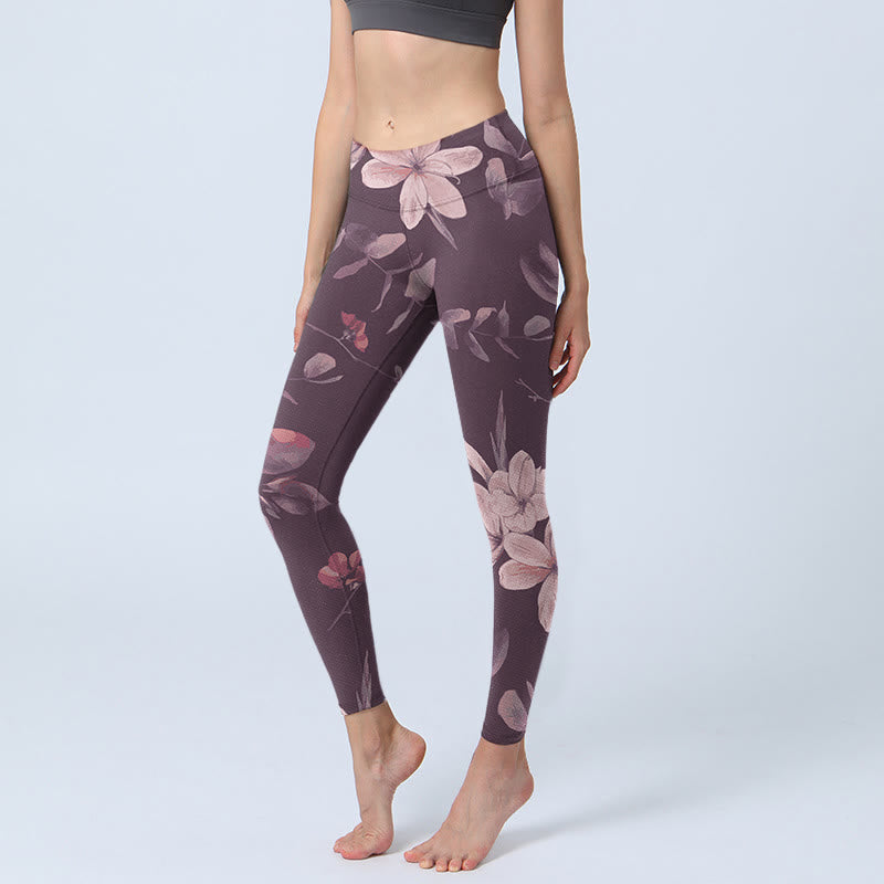 Leggings de fitness pour femmes avec imprimé Buddha Stones Purple White Flowers Leaves Blossom - Chardon - US18，UK/AU22，EU50 (4XL) - image 1