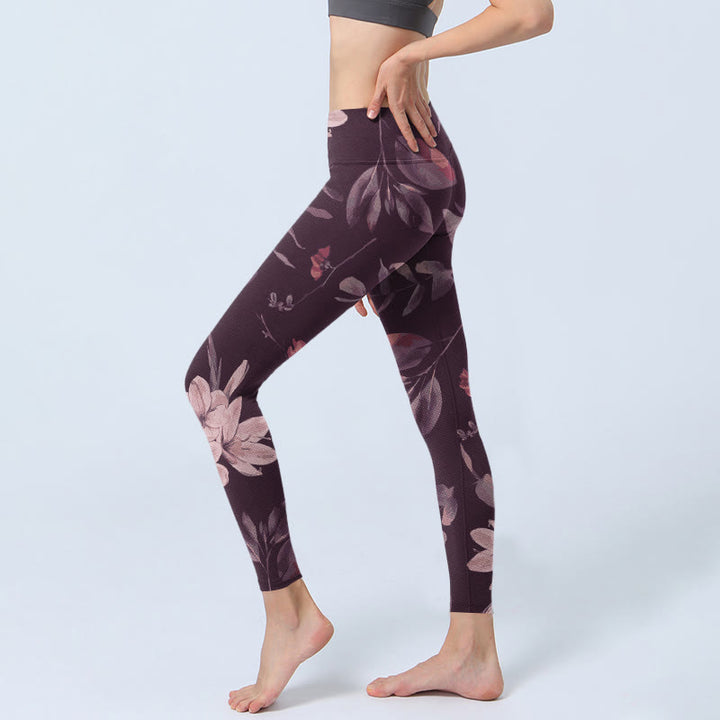Leggings de fitness pour femmes avec imprimé Buddha Stones Purple White Flowers Leaves Blossom - image 3