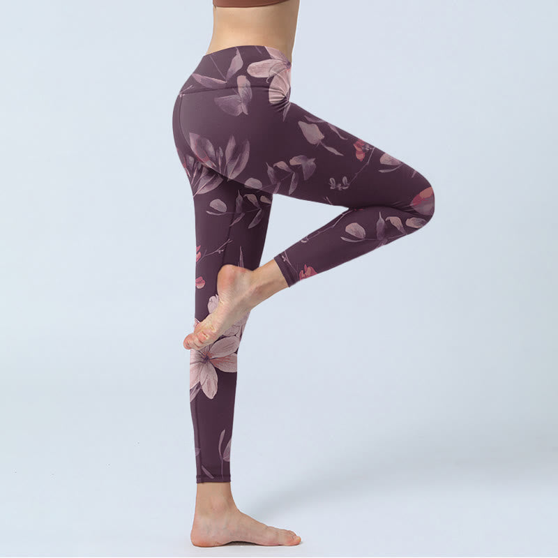 Leggings de fitness pour femmes avec imprimé Buddha Stones Purple White Flowers Leaves Blossom - image 4