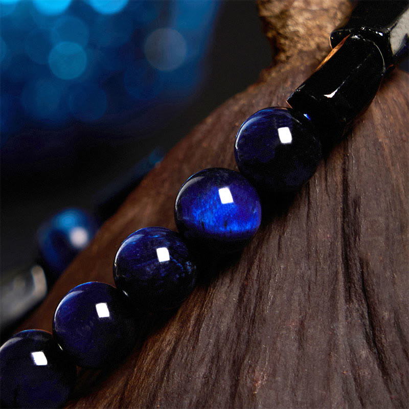 Bracelet de force en Buddha Stones, œil de tigre bleu et tourmaline noire