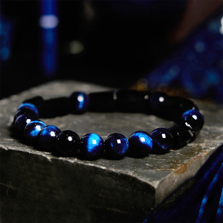 Bracelet de force en Buddha Stones, œil de tigre bleu et tourmaline noire