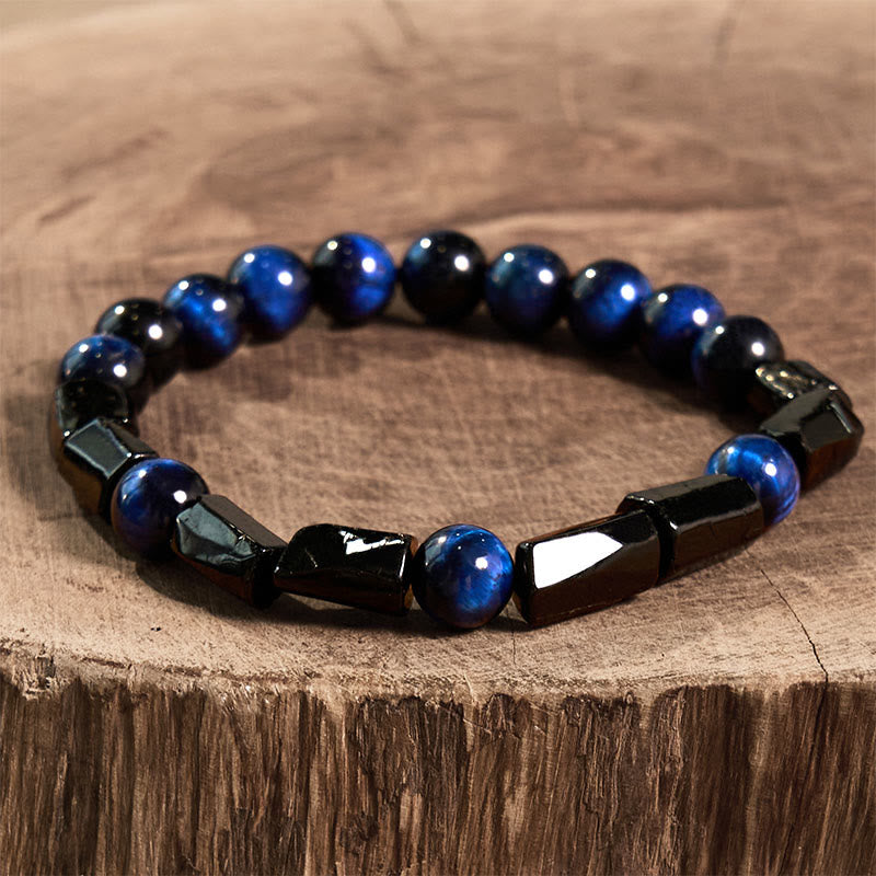 Bracelet de force en Buddha Stones, œil de tigre bleu et tourmaline noire