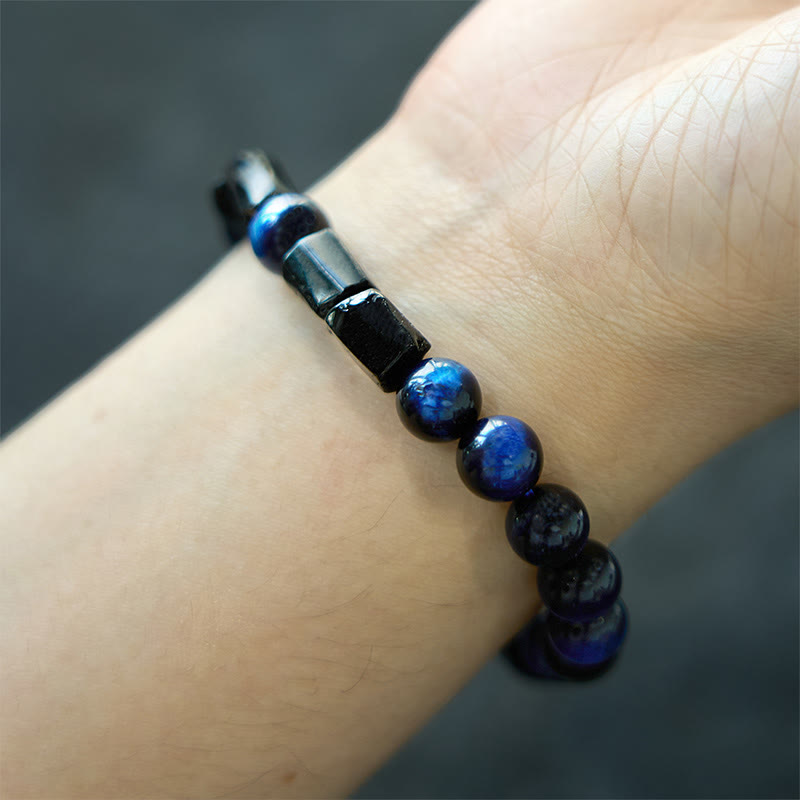 Bracelet de force en Buddha Stones, œil de tigre bleu et tourmaline noire