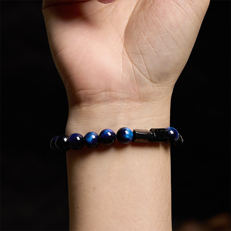 Bracelet de force en Buddha Stones, œil de tigre bleu et tourmaline noire