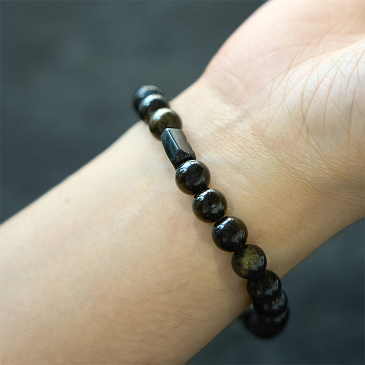 Bracelet de richesse en obsidienne et tourmaline noire avec Buddha Stones