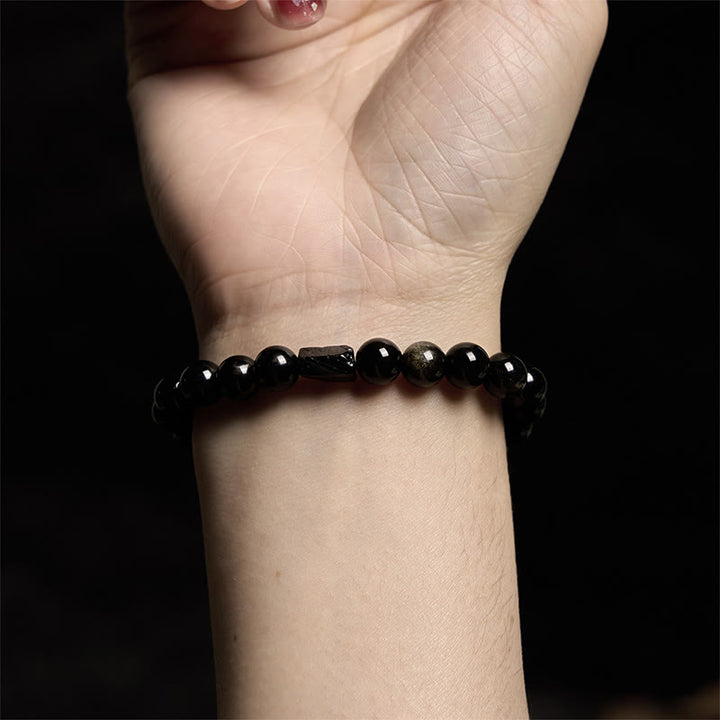 Bracelet de richesse en obsidienne et tourmaline noire avec Buddha Stones