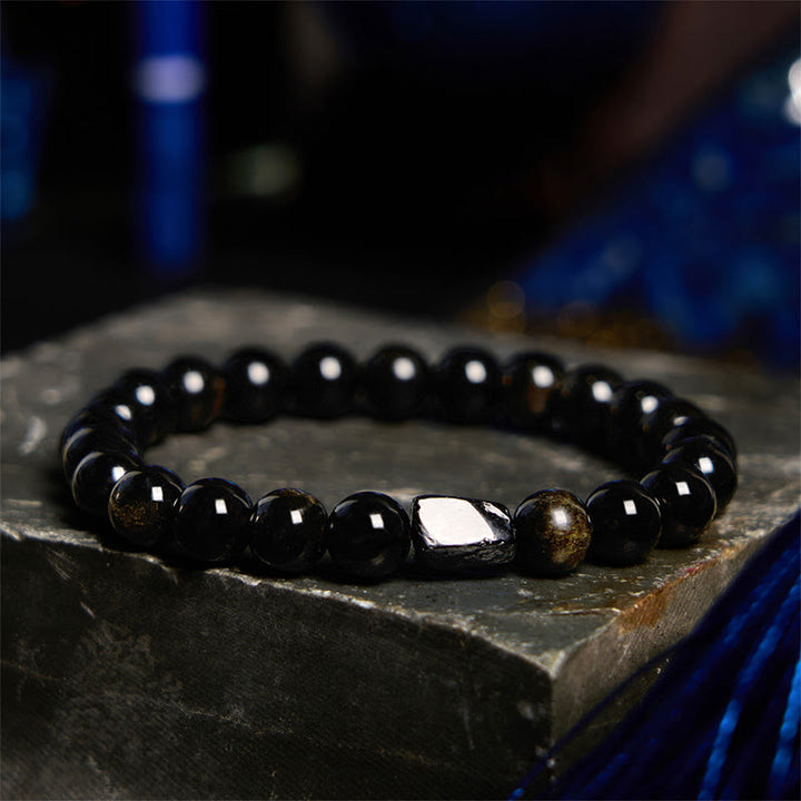 Bracelet de richesse en obsidienne et tourmaline noire avec Buddha Stones