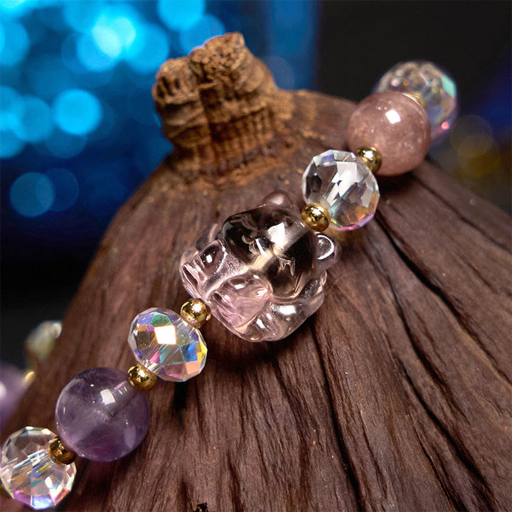 Bracelet de méditation en Buddha Stones et quartz fraise, cristal blanc, renard à neuf queues