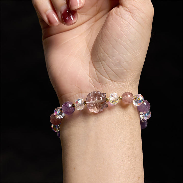 Bracelet de méditation en Buddha Stones et quartz fraise, cristal blanc, renard à neuf queues