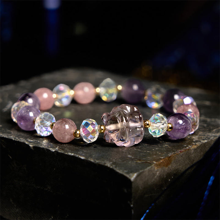 Bracelet de méditation en Buddha Stones et quartz fraise, cristal blanc, renard à neuf queues