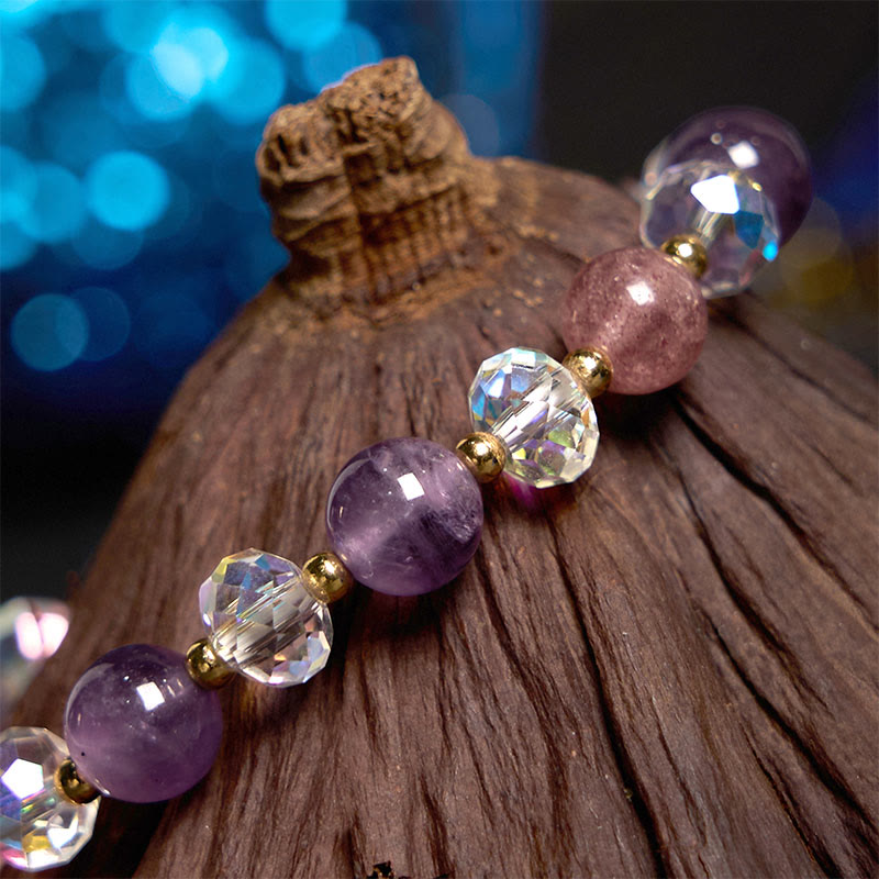 Bracelet de méditation en Buddha Stones et quartz fraise, cristal blanc, renard à neuf queues