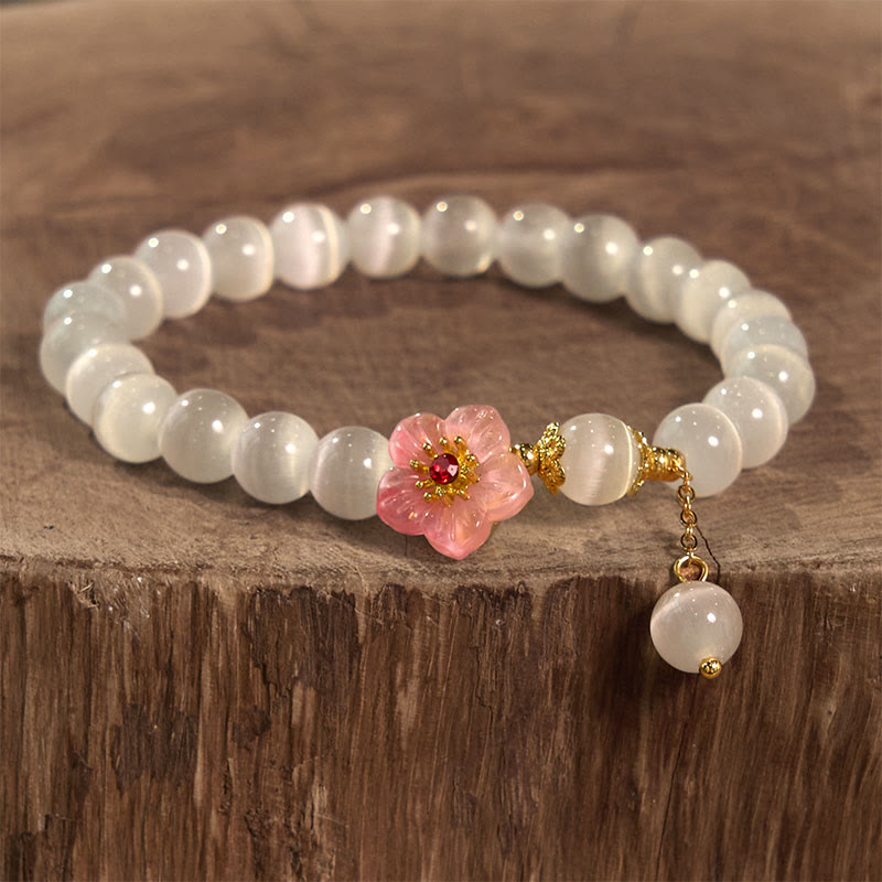 Bracelet de soutien en chrysobéryl œil de chat et fleurs roses de Buddha Stones