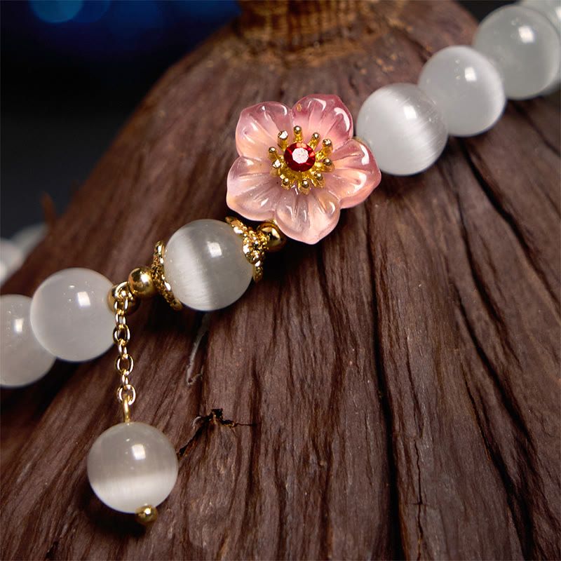 Bracelet de soutien en chrysobéryl œil de chat et fleurs roses de Buddha Stones