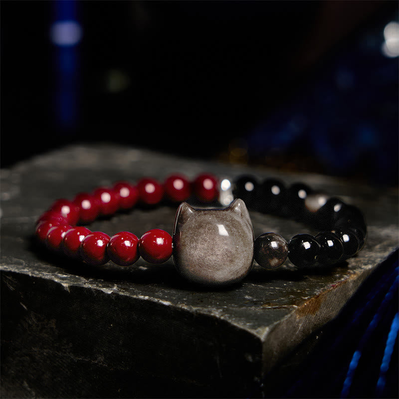 Bracelet d'accomplissement du chat en obsidienne noire et cinabre avec Buddha Stones et reflets argentés - image 1