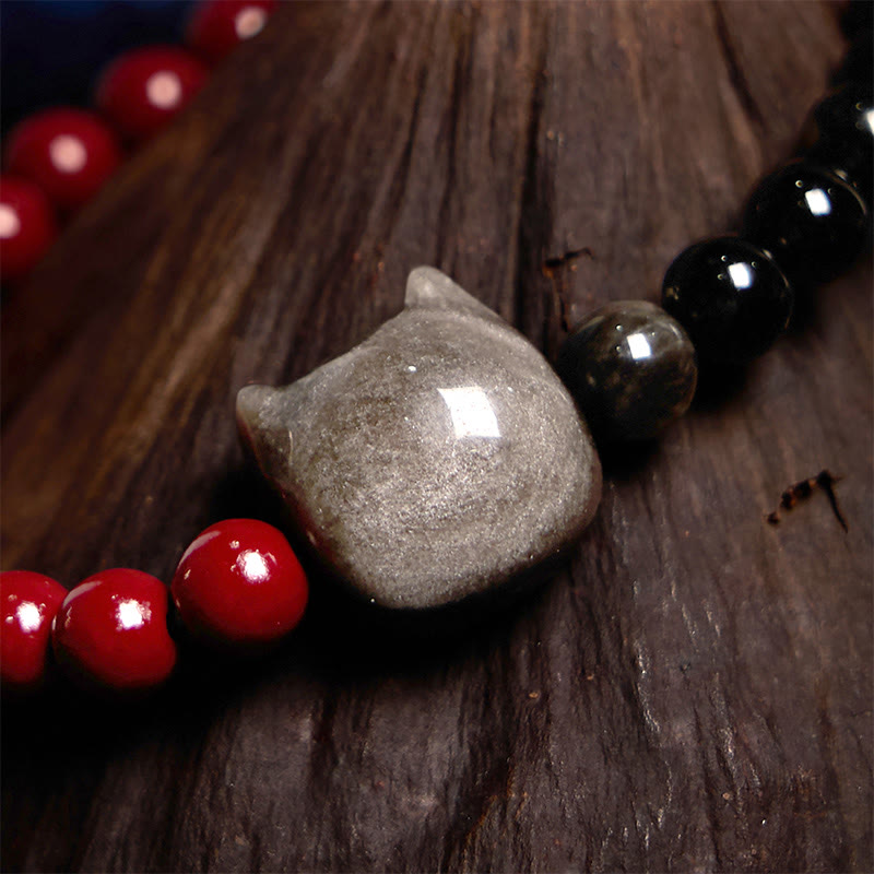 Bracelet d'accomplissement du chat en obsidienne noire et cinabre avec Buddha Stones et reflets argentés - image 3