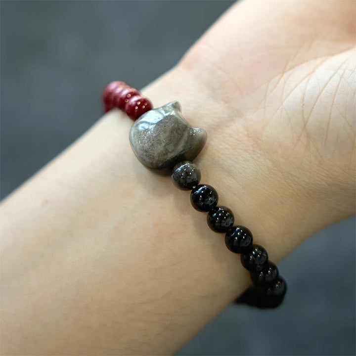 Bracelet d'accomplissement du chat en obsidienne noire et cinabre avec Buddha Stones et reflets argentés - image 4