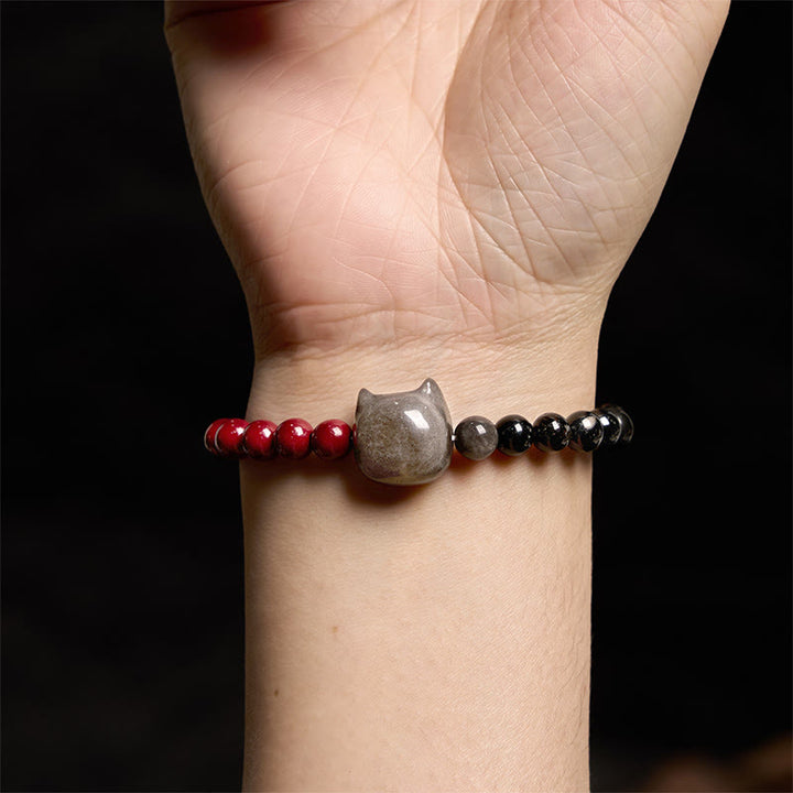 Bracelet d'accomplissement du chat en obsidienne noire et cinabre avec Buddha Stones et reflets argentés - image 5