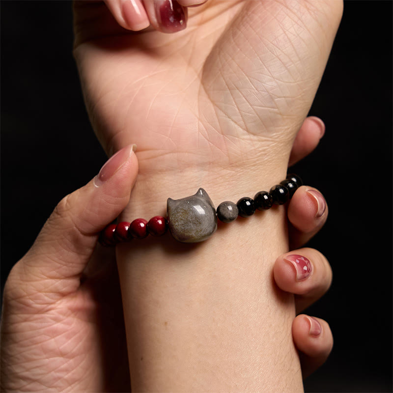 Bracelet d'accomplissement du chat en obsidienne noire et cinabre avec Buddha Stones et reflets argentés - image 6