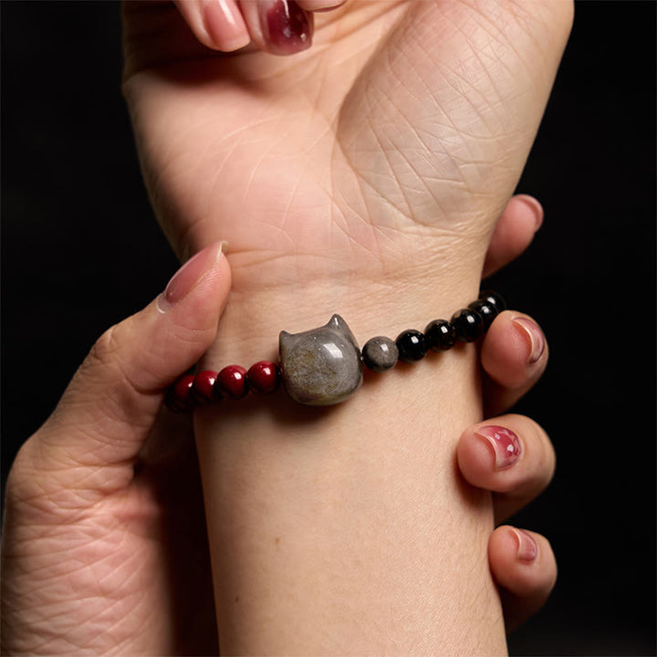 Bracelet d'accomplissement du chat en obsidienne noire et cinabre avec Buddha Stones et reflets argentés - image 6