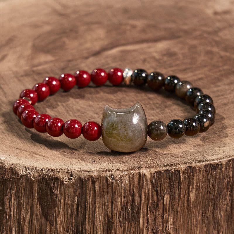 Bracelet d'accomplissement du chat en obsidienne noire et cinabre avec Buddha Stones et reflets argentés - image 2
