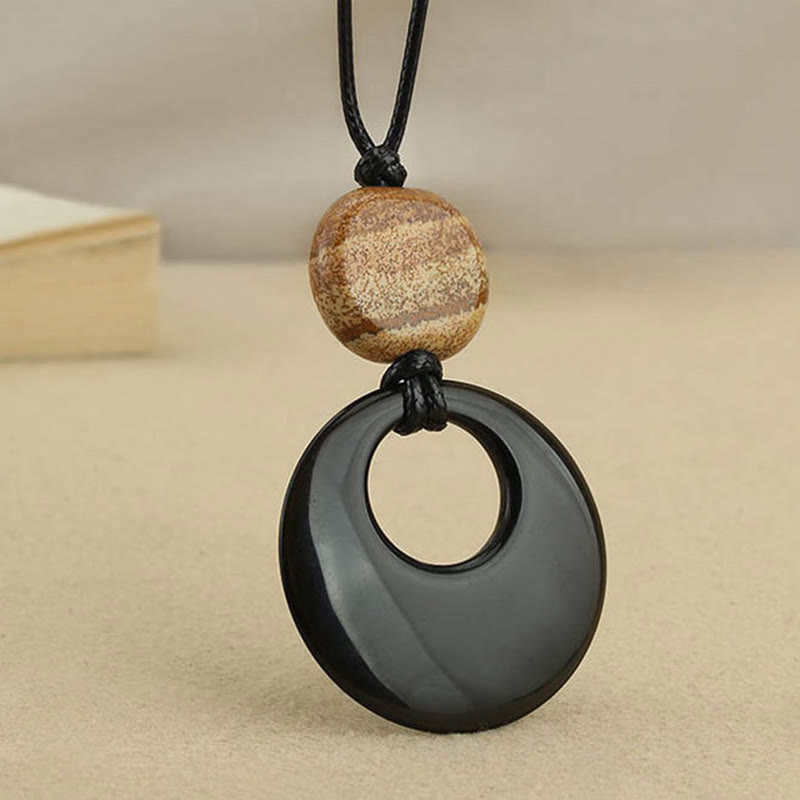 Collier pendentif en cuivre avec pierre d'image Liuli en obsidienne noire et Buddha Stones