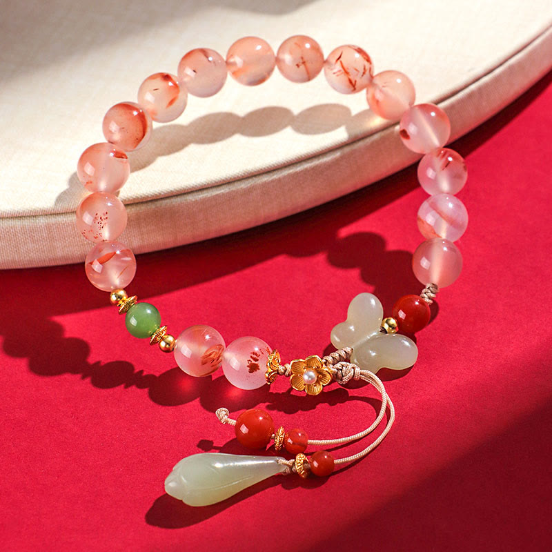 Bracelet porte-bonheur en jade Hetian avec orchidée papillon et agate rouge du Sud Buddha Stones