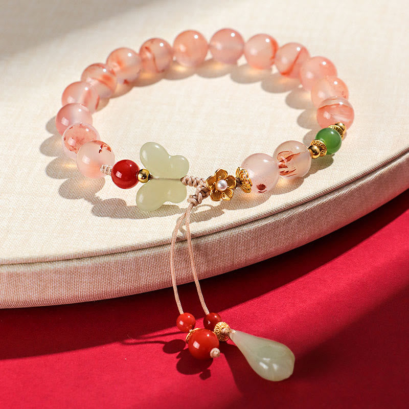 Bracelet porte-bonheur en jade Hetian avec orchidée papillon et agate rouge du Sud Buddha Stones