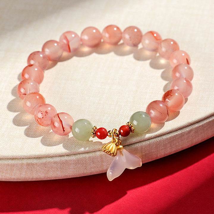 Bracelet porte-bonheur en jade Hetian avec orchidée papillon et agate rouge du Sud Buddha Stones