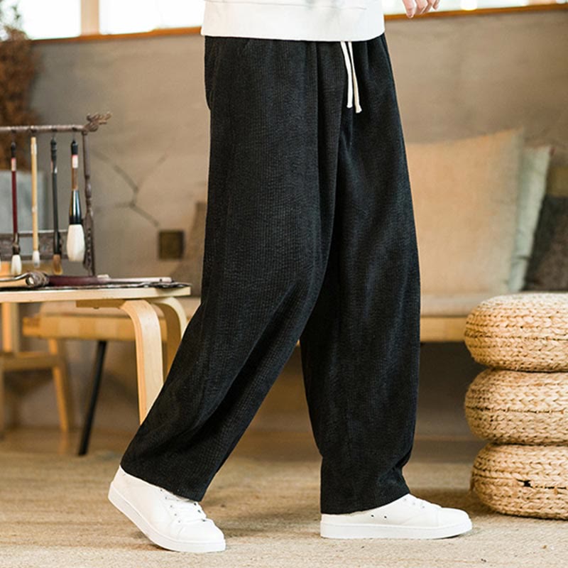 Pantalon sarouel en velours côtelé avec cordon de serrage et poches pour homme Buddha Stones Automne Hiver - Noir - US/UK/AU46，EU56 (5XL) - image 7