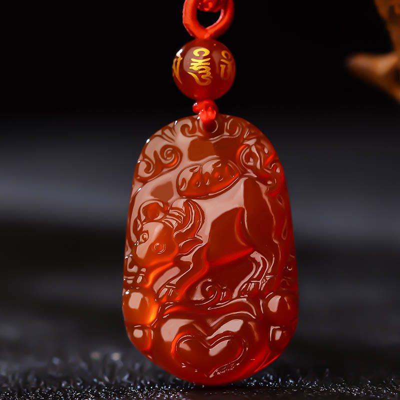 Collier pendentif porte-bonheur en agate rouge avec Buddha Stones et signe du zodiaque chinois - Bœuf  - image 13