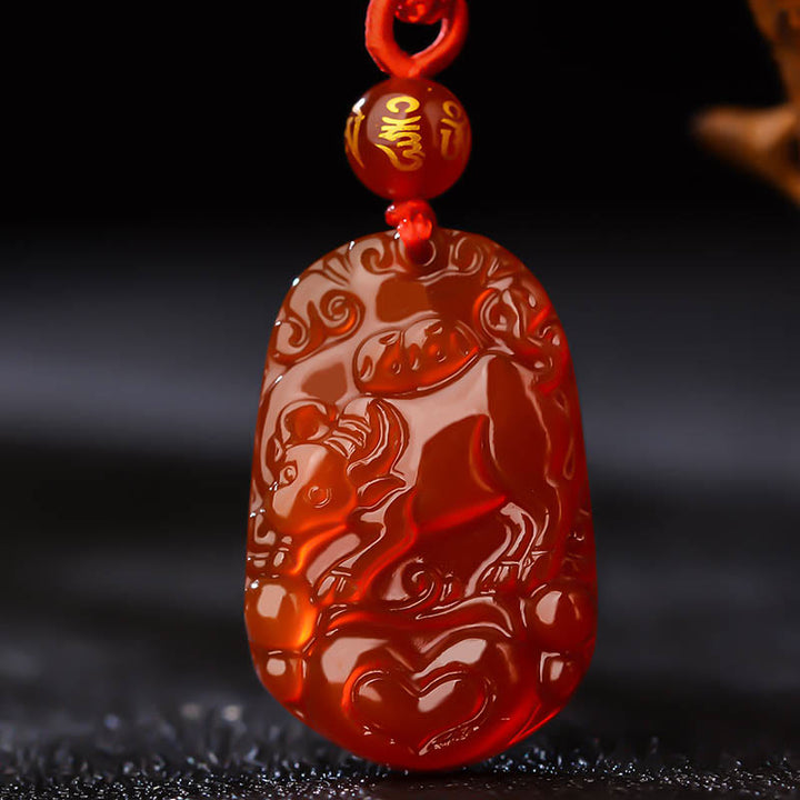 Collier pendentif porte-bonheur en agate rouge avec Buddha Stones et signe du zodiaque chinois - Bœuf  - image 13