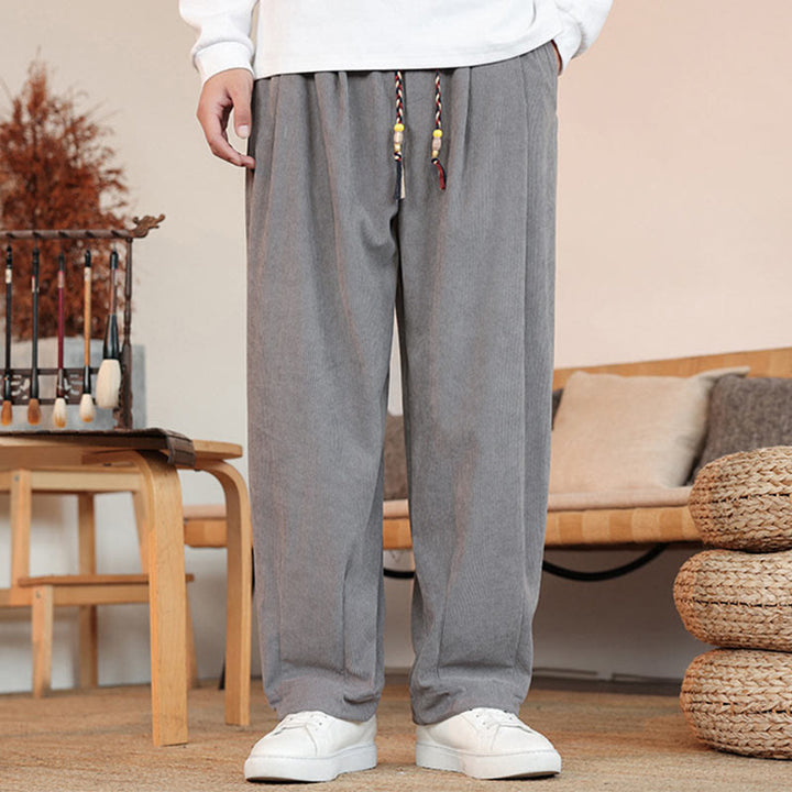 Pantalon en velours côtelé uni avec cordon de serrage et poches pour homme Buddha Stones Automne Hiver - image 1