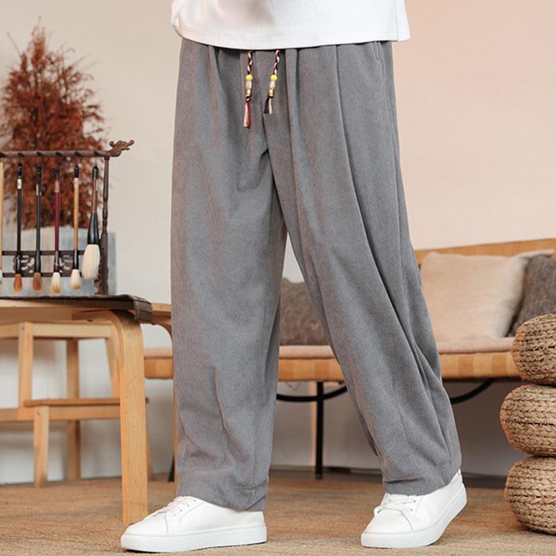 Pantalon en velours côtelé uni avec cordon de serrage et poches pour homme Buddha Stones Automne Hiver - Gris - US/UK/AU46，EU56 (5XL) - image 0