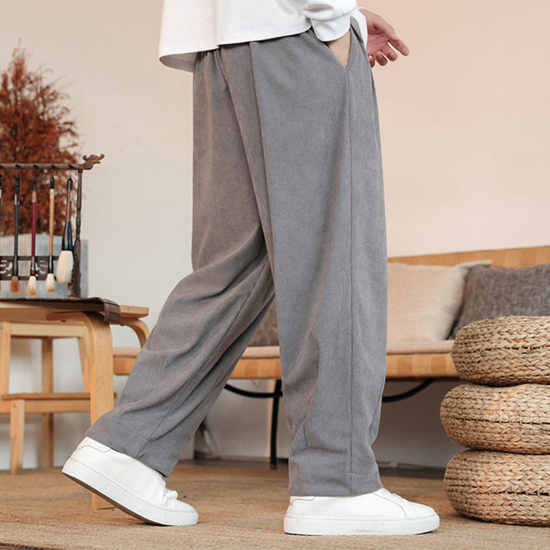 Pantalon en velours côtelé uni avec cordon de serrage et poches pour homme Buddha Stones Automne Hiver - image 3